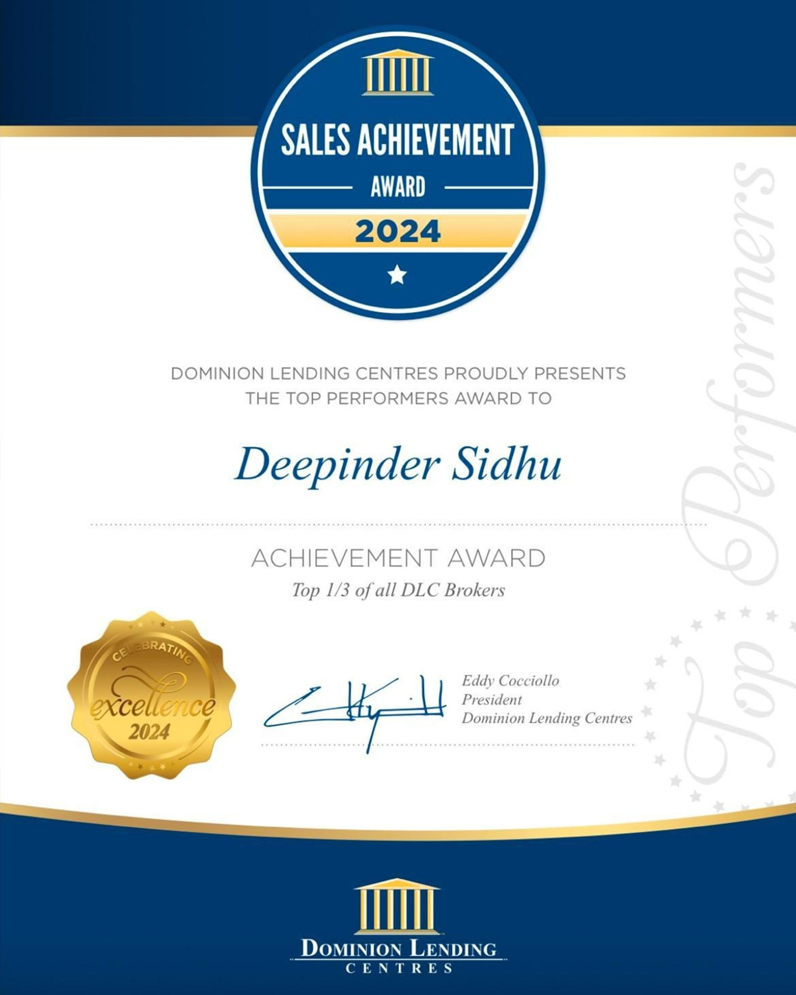 Dominion Lending Centres Sales Achievement Award 2024 certificate presented to Deepinder Sidhu